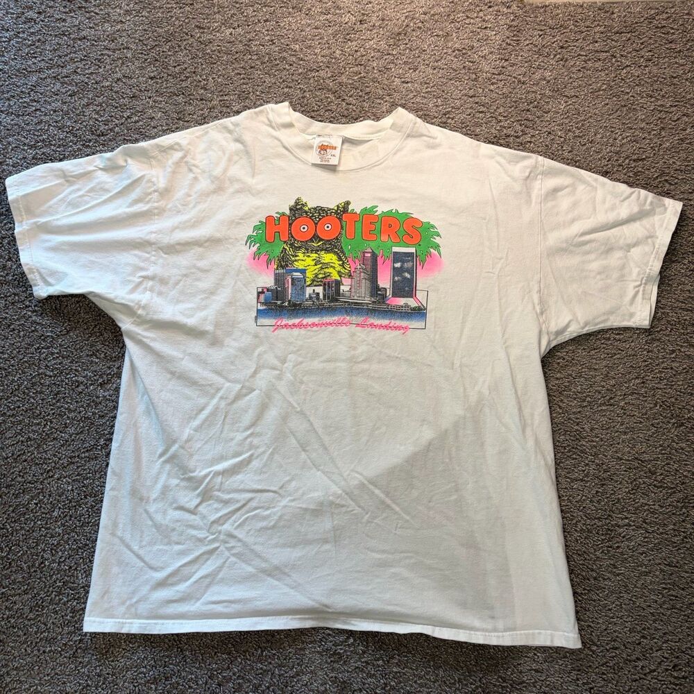 Vintage 90s Hooters Jacksonville Landing T Shirt White Neon USA Made 2XL